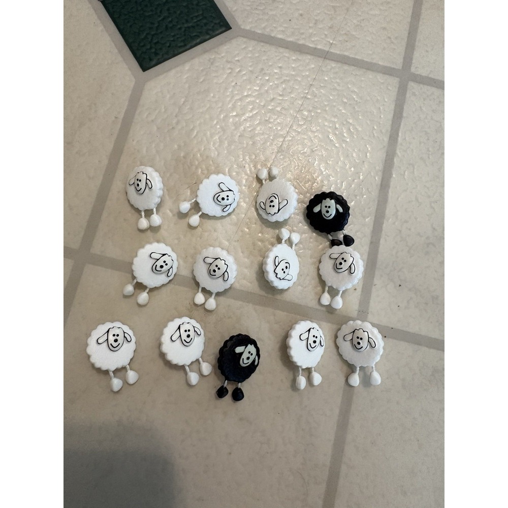 Button Collection Lot Plastic Buttons - 13 Sheep Black & White Dangle Legs